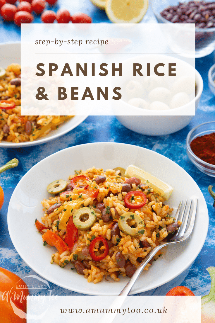 Easy Spanish rice and beans served in a shallow white bowl with a fork. Caption reads: Step-by-step recipe. Spanish rice and beans