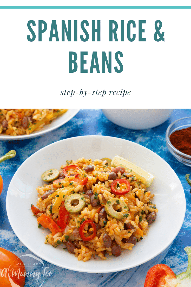 Easy Spanish rice and beans served in a shallow white bowl. Caption reads: Spanish rice and beans. Step-by-step recipe.