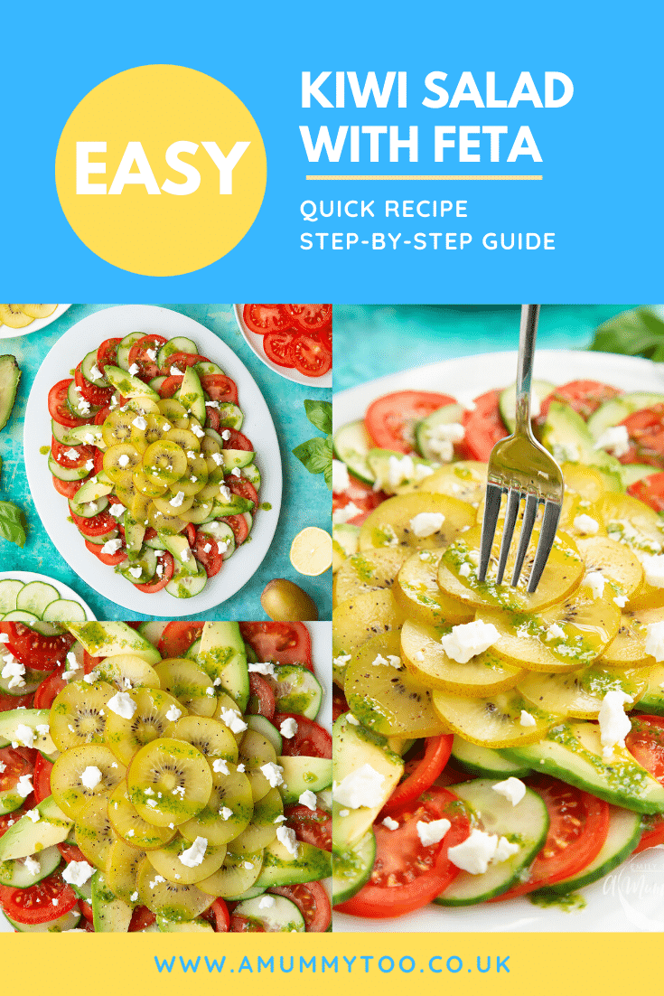 Collage of a kiwi feta salad on an oval white platter. Caption reads: Easy kiwi salad with feta. Quick recipe. Step-by-step guide.