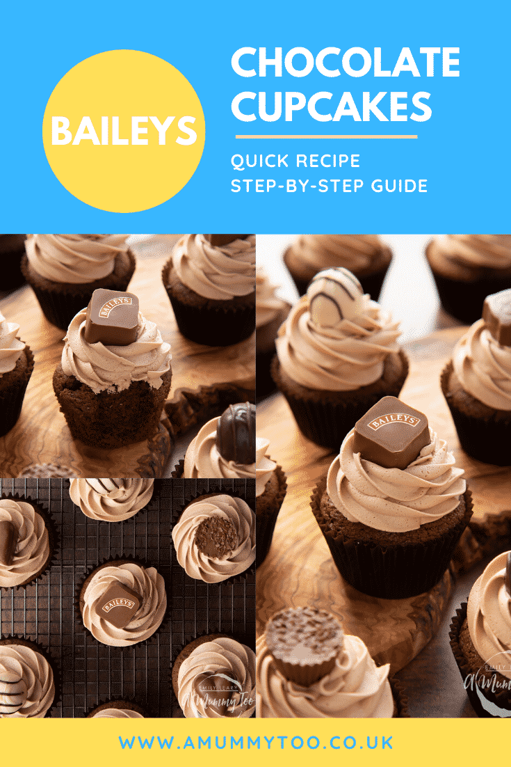 Collage of Baileys chocolate cupcakes topped with Baileys icing and a Baileys chocolate. Caption reads: Baileys chocolate cupcakes. Quick recipe. Step-by-step guide.