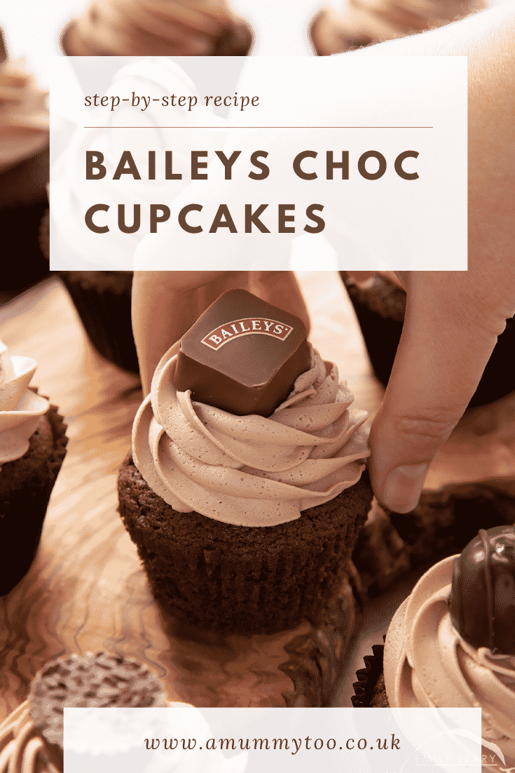 Hand reaching for a Baileys chocolate cupcake on a board. Caption reads: Step-by-step recipe. Baileys chocolate cupcakes.
