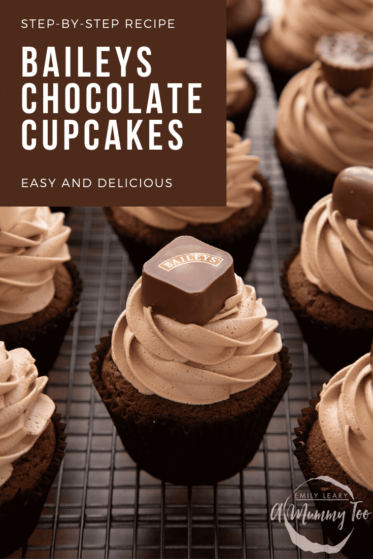 Baileys chocolate cupcakes on a wire cooling rack. Caption reads: Step-by-step recipe. Baileys chocolate cupcakes. Easy and delicious.