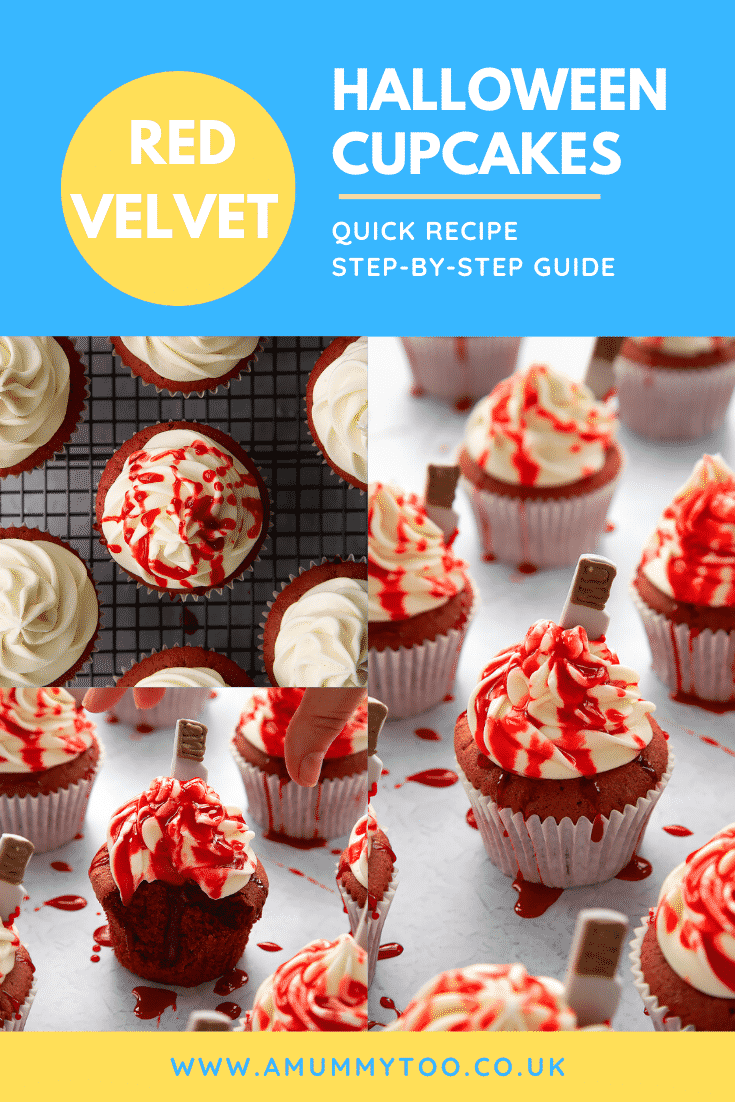 Collage of red velvet Halloween cupcakes, spattered with red syrup. Caption reads: Red velvet Halloween cupcakes. Quick recipe. Step-by-step guide.