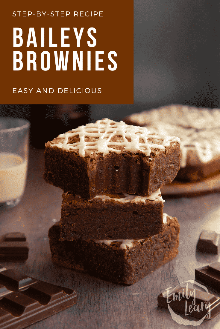 Stack of iced Baileys brownies, with more brownies and a bottle of Baileys in the background. Caption reads: Step-by-step recipe. Baileys brownies. Easy and delicious.