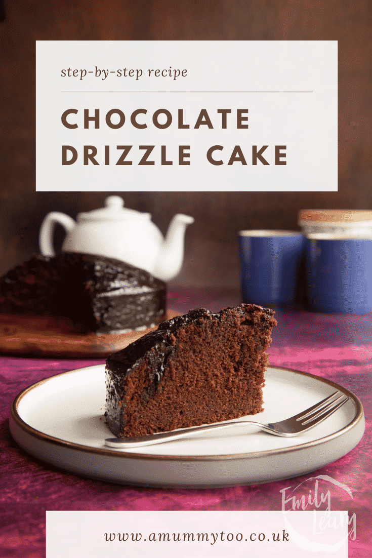 A slice of chocolate drizzle cake on a plate with a fork. Caption reads: Step-by-step recipe chocolate drizzle cake.