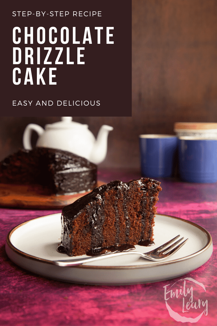 A slice of chocolate drizzle cake on a plate with a fork. Caption reads: Step-by-step recipe chocolate drizzle cake. Easy and delicious.