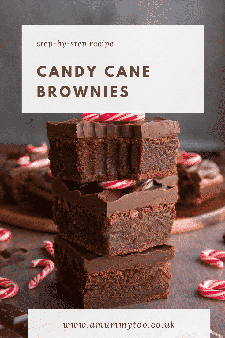 A stack of candy cane brownies. One has a bite out of it. Caption reads: Step-by-step recipe candy cane brownies.
