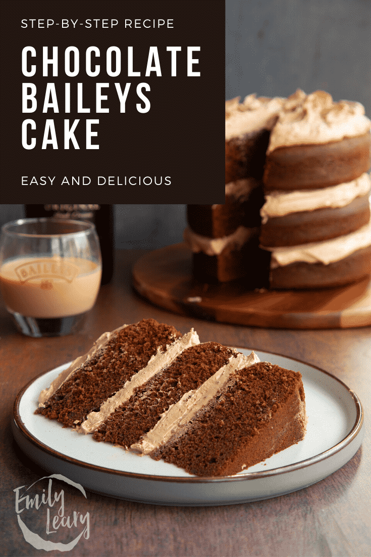Slice of chocolate Baileys cake with Baileys buttercream frosting on a white plate. Caption reads: Step-by-step recipe. Chocolate Baileys cake. Easy and delicious.