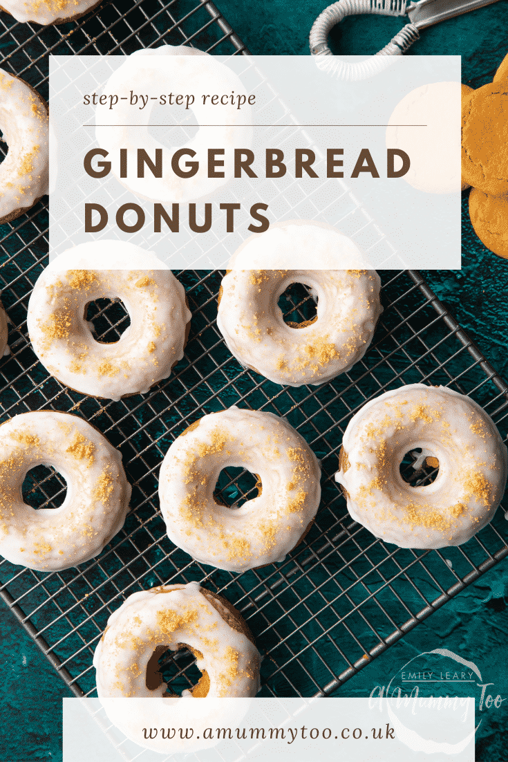 Baked gingerbread donuts with a lemon glaze on a wire cooling rack. Caption reads: Step-by-step recipe gingerbread donuts.