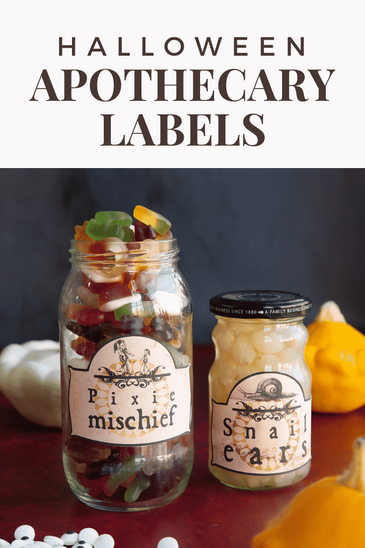 Jars of sweet and savoury snacks fitted with Halloween apothecary labels on a red surface. Caption reads: Halloween apothecary labels.