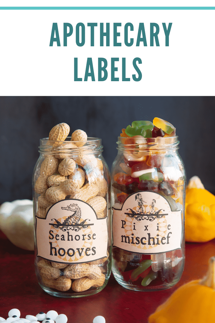 Jars of snacks fitted with Halloween apothecary labels on a red surface. Caption reads: Apothecary labels.