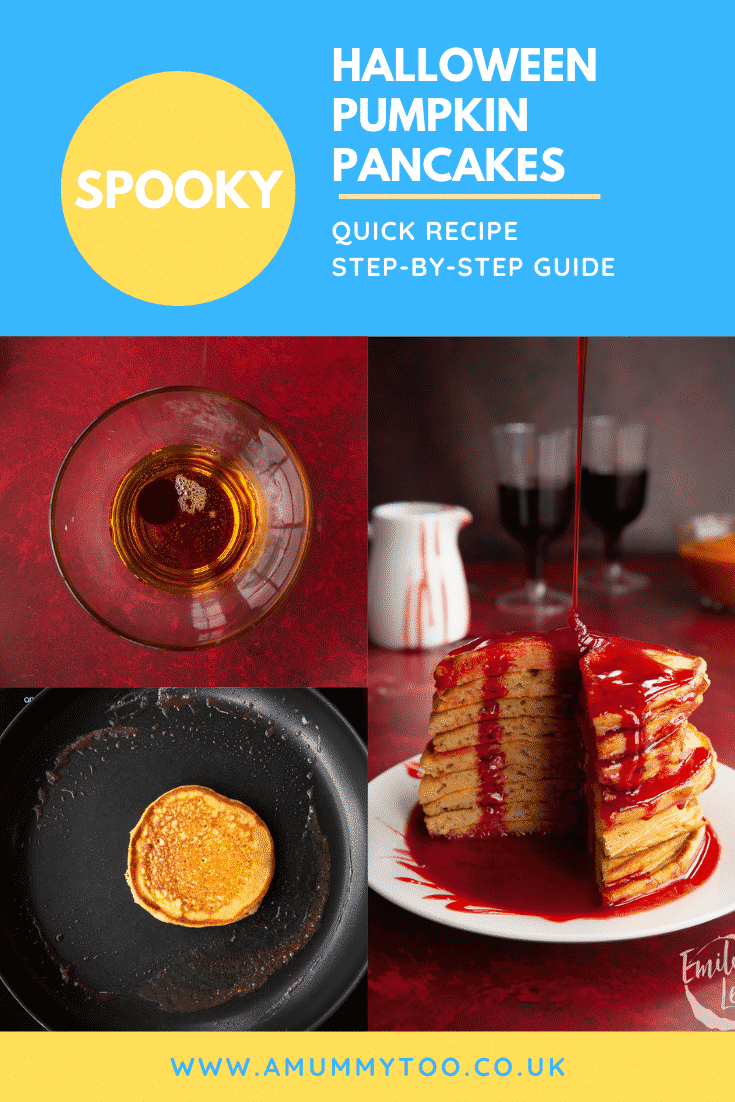 Collage of the making of Halloween pancakes stacked on a white plate, drizzled with red syrup. Caption reads: Spooky Halloween pumpkin pancakes. Quick recipe. Step-by-step guide.