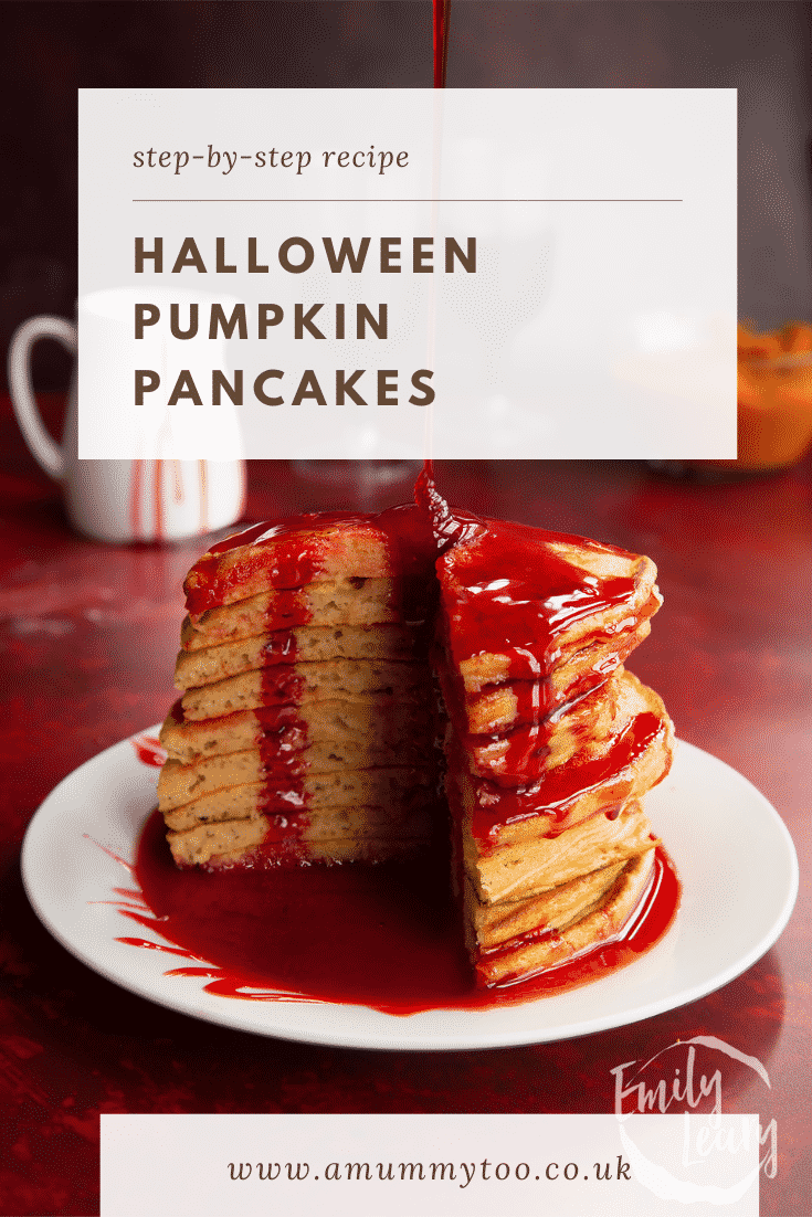 Halloween pancakes stacked on a white plate, drizzled with red syrup. A section has been cut away. Caption reads: Step-by-step recipes. Halloween pancakes.