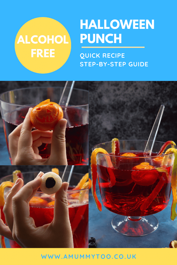 Collage showing the features of a Halloween punch. Caption reads: alcohol free Halloween punch. Quick recipe. Step-by-step guide.