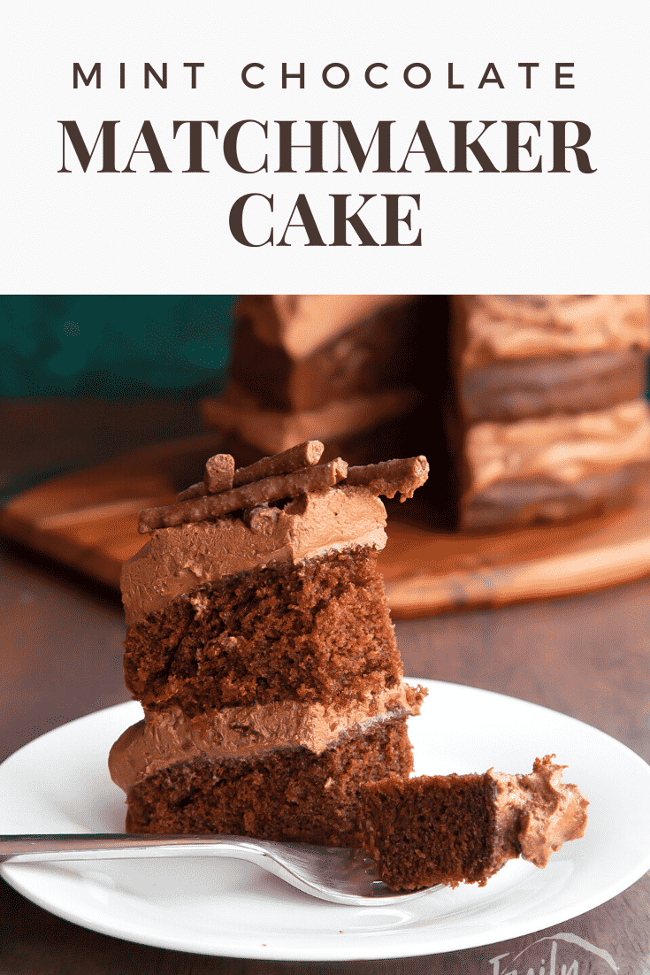 Slice of Matchmaker cake on a white plate with a fork and crumbs. Caption reads: Step-by-step recipe. Mint chocolate Matchmaker cake.