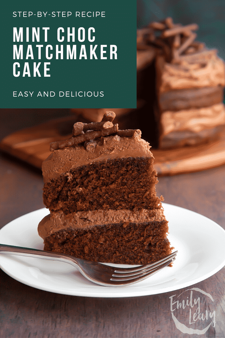 Slice of Matchmaker cake on a white plate with a fork. Caption reads: Step-by-step recipe. Mint choc Matchmaker cake. Easy and delicious.