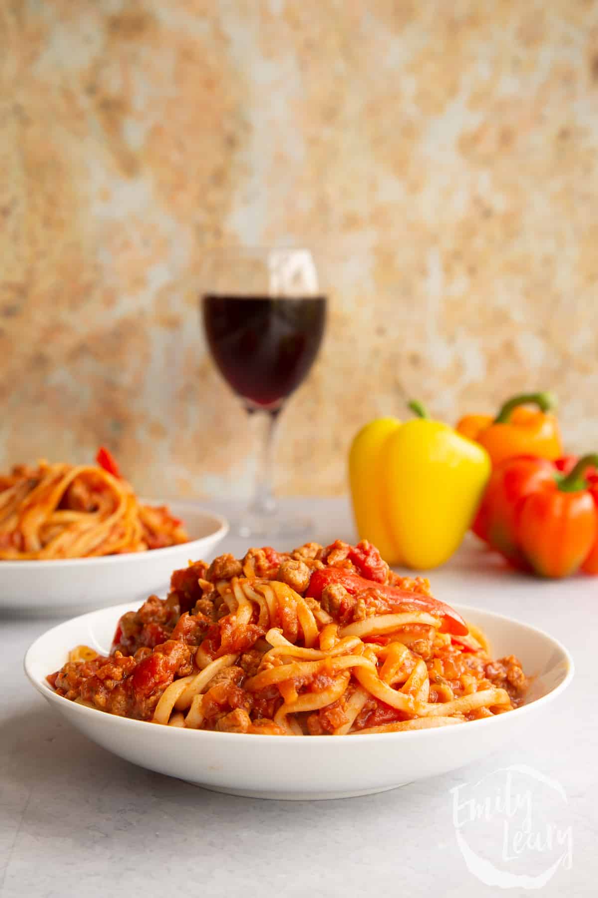 One pot vegan bolognese in a shallow white bowl.