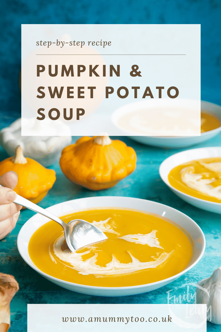 Pumpkin and sweet potato soup in a white bowl. The soup has cream swirled on top to resemble a jack'o'lantern. A hand holds a spoon, dipping into the soup. Caption reads: Step-by-step recipe. Pumpkin and sweet potato soup