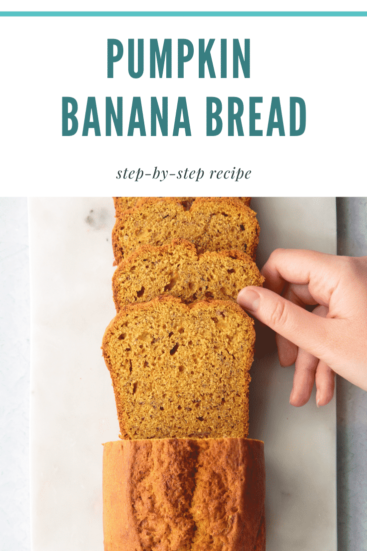 Slices of pumpkin banana bread on a white marble board. Caption reads: Pumpkin banana bread. Step-by-step recipe.