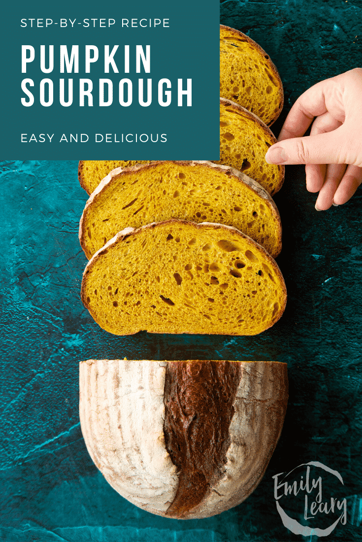 Pumpkin sourdough bread in slices. A hand reaches for one. Caption reads: Step-by-step recipe. Pumpkin sourdough. Easy and delicious.