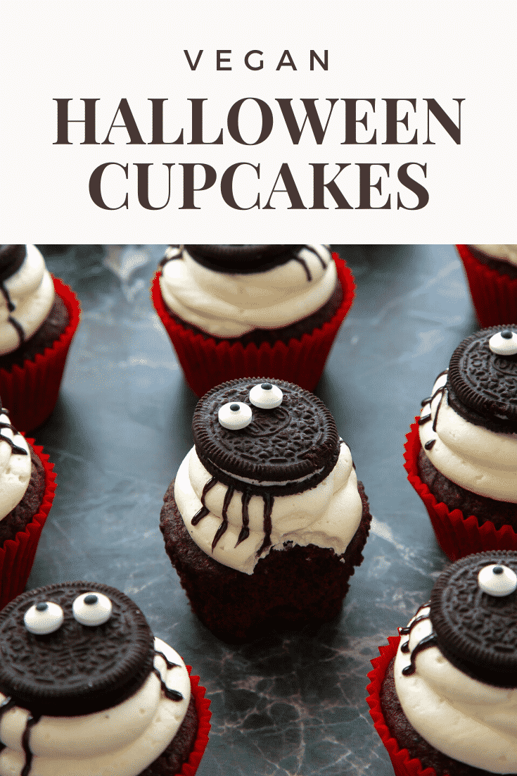 Vegan Halloween cupcakes, decorated with Oreos to look like spiders. One has a bite out of it. Caption reads: Vegan Halloween cupcakes.