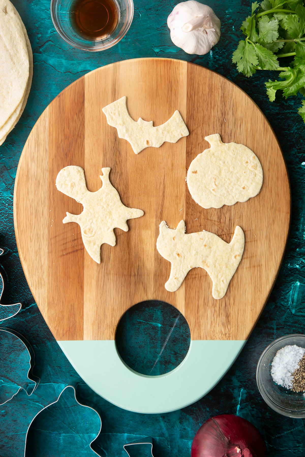A soft tortilla cut into Halloween shapes.