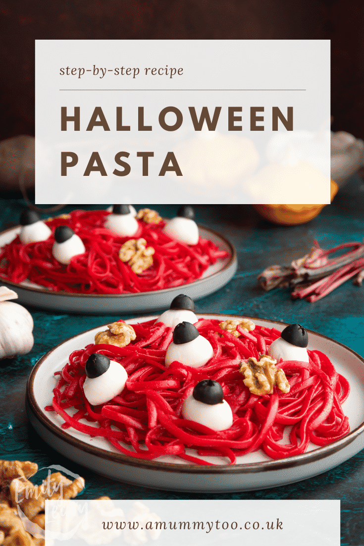 A plate with a beetroot Halloween pasta recipe, topped with mozzarella eyes and walnut brains. Caption reads: Step-by-step recipe. Halloween beetroot pasta.
