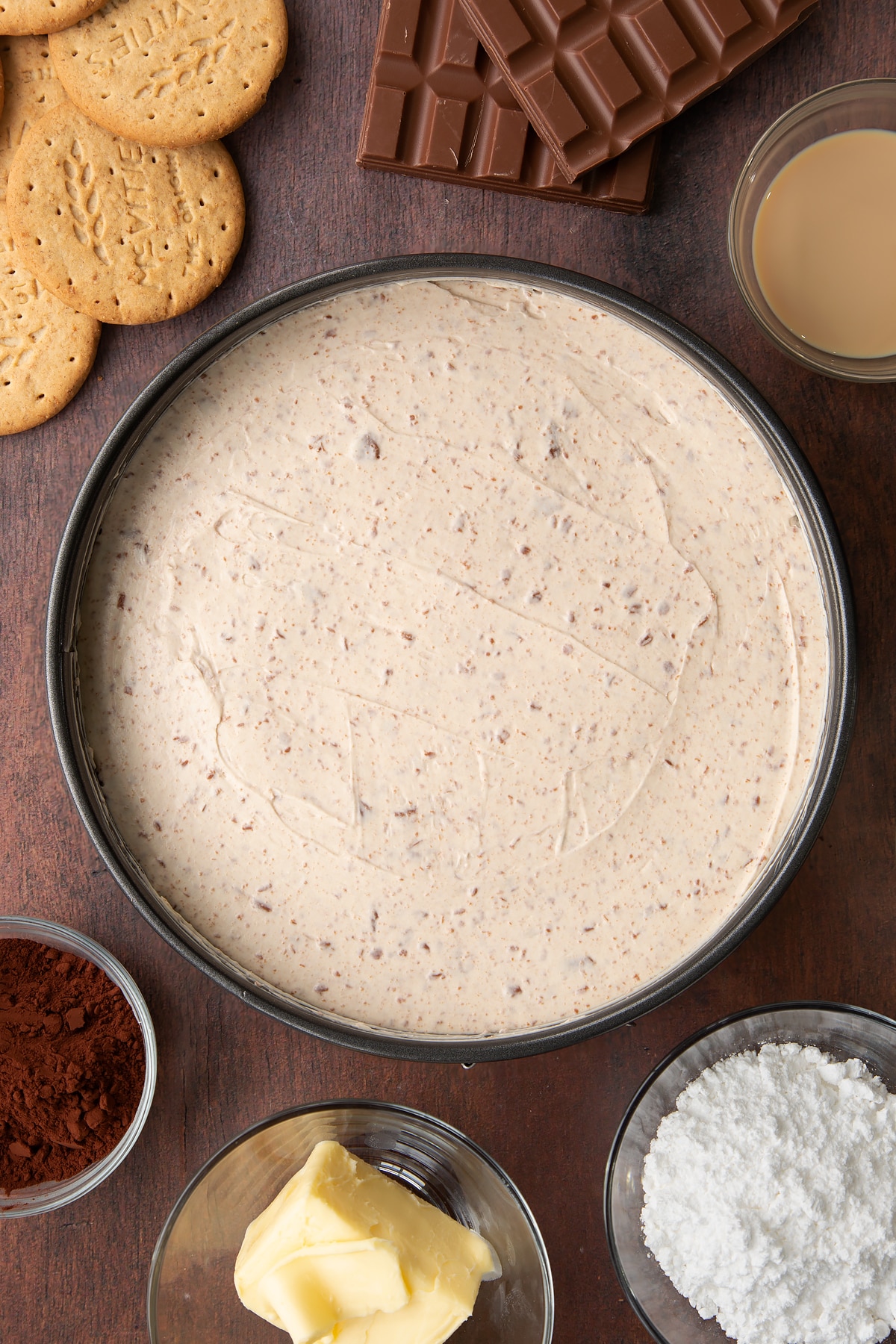 Baileys cheesecake in a cake tin,