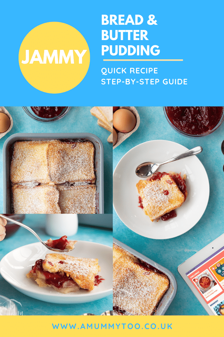 Pinterest image for the bread and butter pudding with jam.