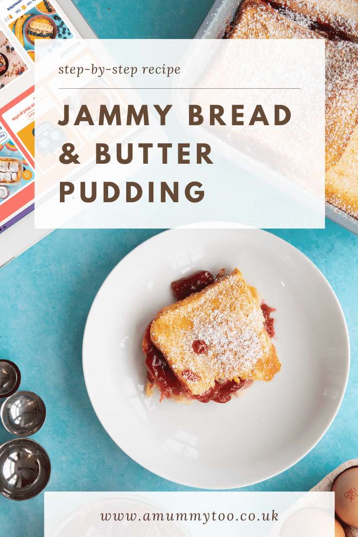 Pinterest image for the bread and butter pudding with jam.