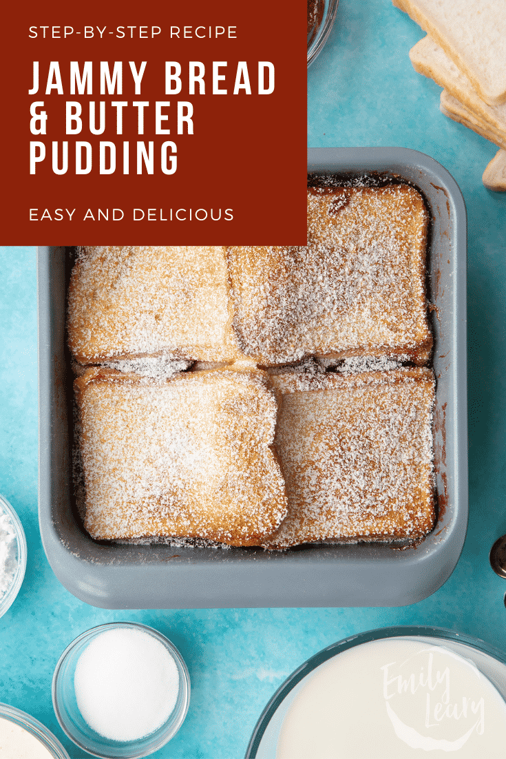 Pinterest image for the bread and butter pudding with jam.
