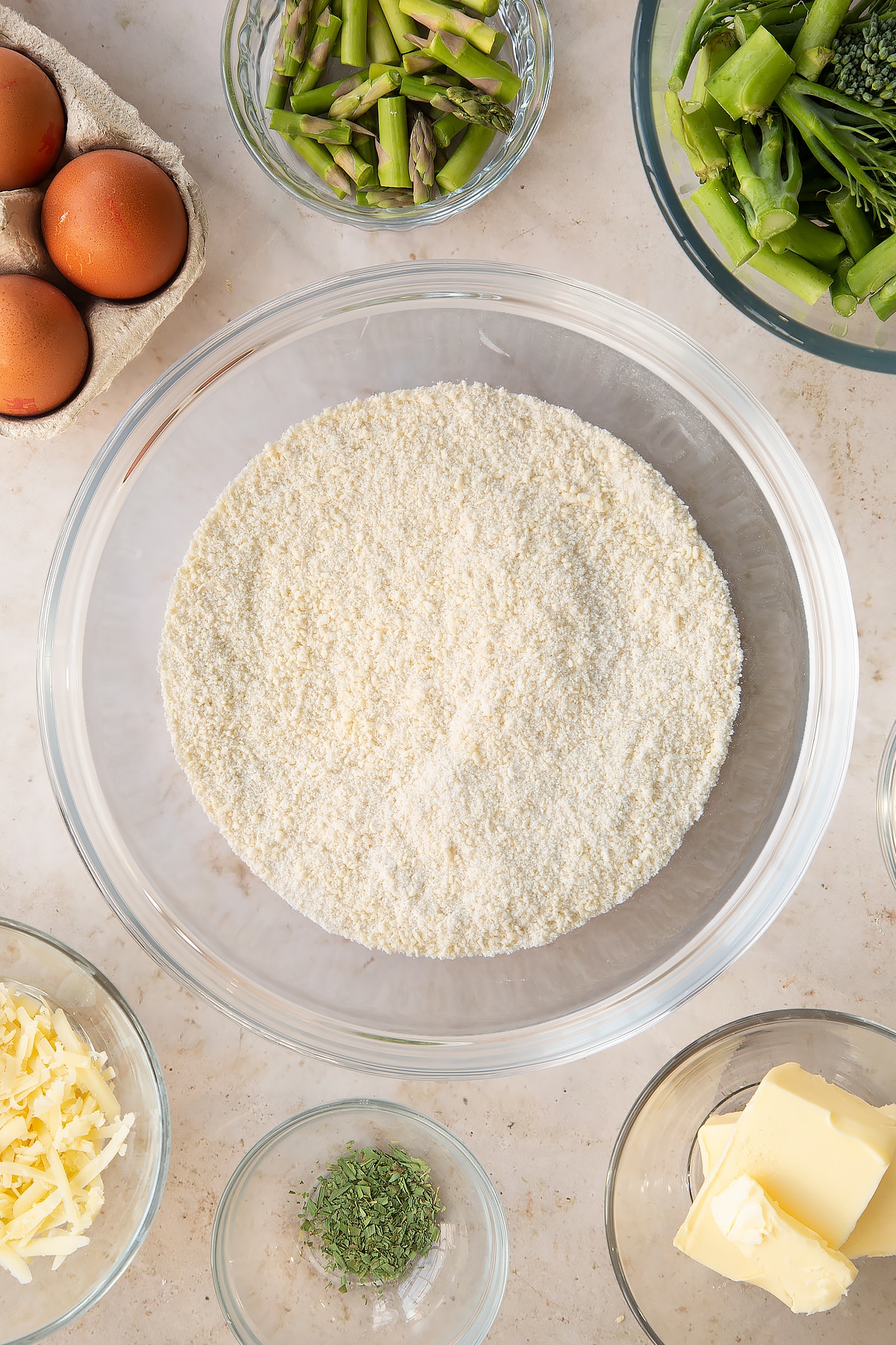 Overhead shot of the butter and flour in a mixing bowl having been mixed together.