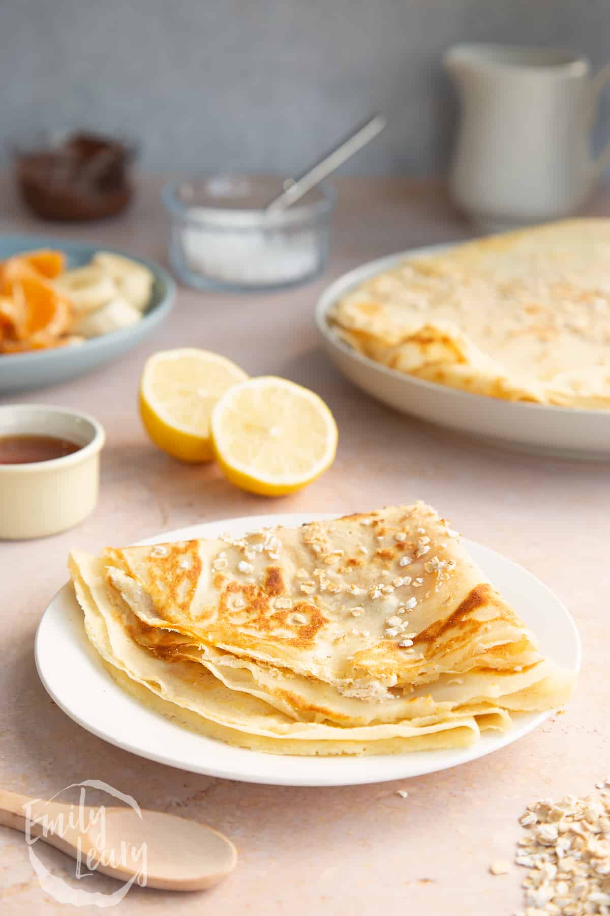 Gluten free crepe on a white plate.