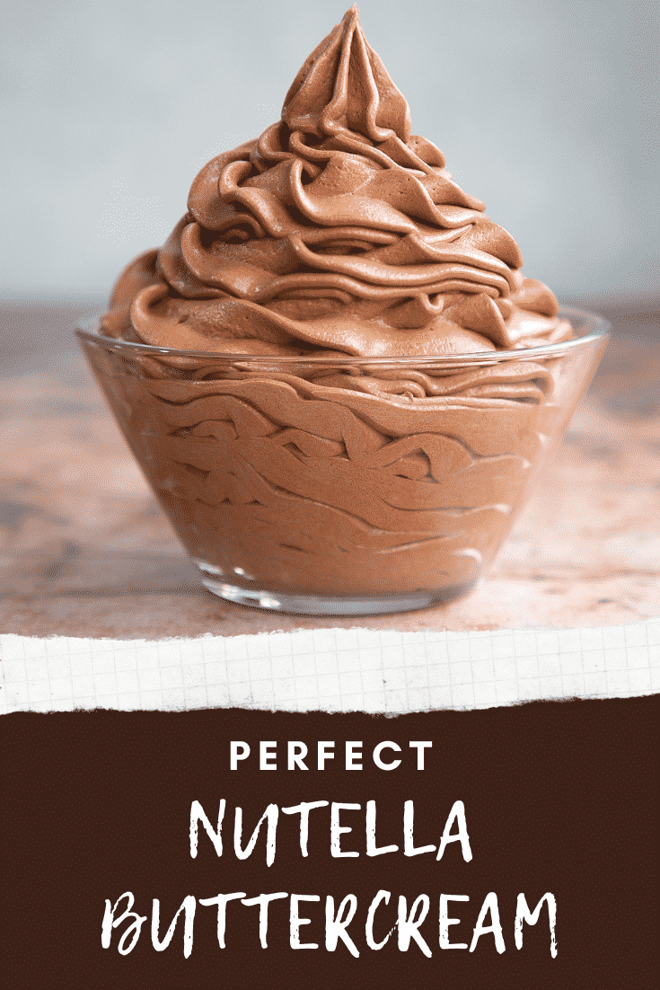 Nutella buttercream piped into a glass bowl. Caption reads: Perfect Nutella buttercream.