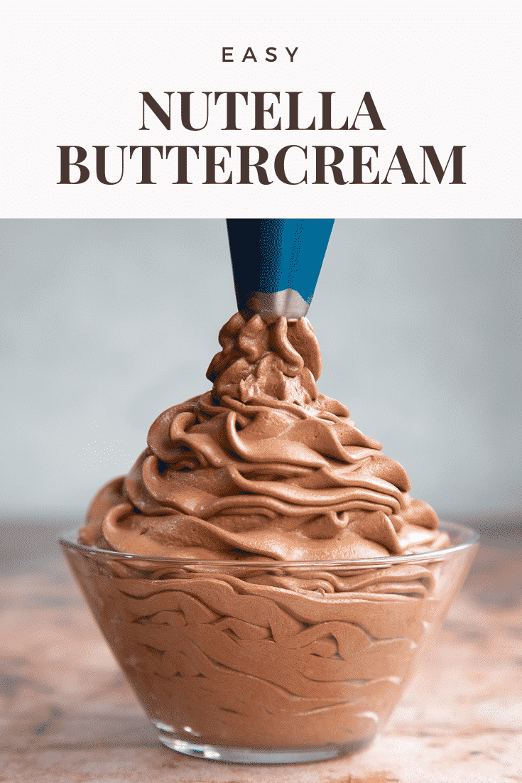 Nutella buttercream piped into a glass bowl. Caption reads: Easy Nutella buttercream.