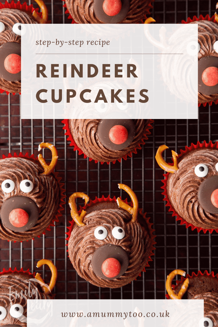Reindeer cupcakes on a cooling rack. Caption reads: Step-by-step recipe reindeer cupcakes.