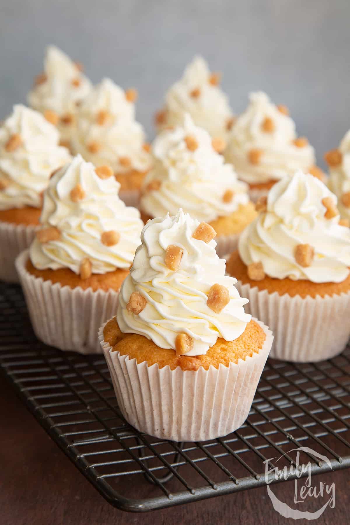 Vanilla fudge cupcakes topped with vanilla buttercream and small fudge chips on a wire rack.