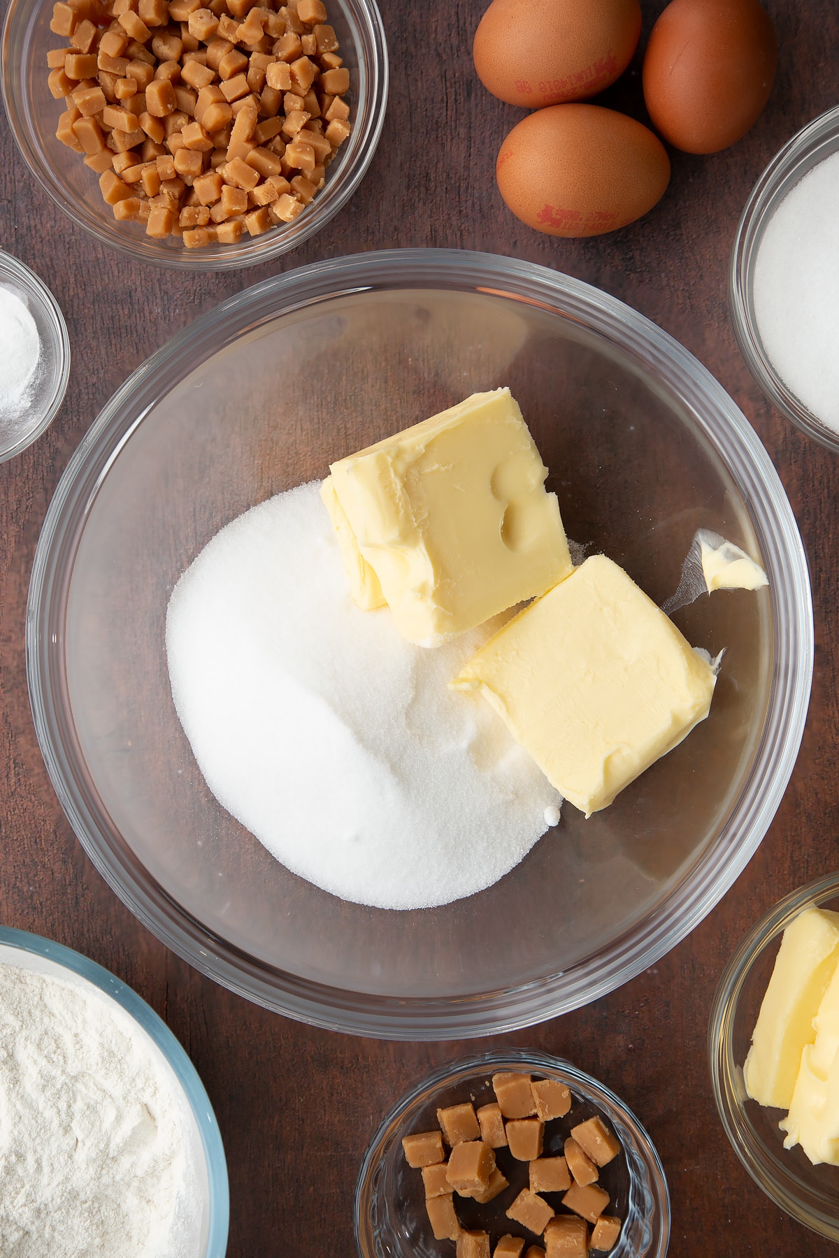 butter and sugar in a large clear bowl.