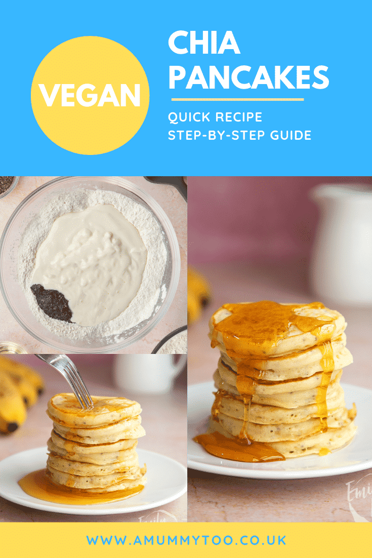 A collage of vegan chia pancake batter and a cooked stack on a small white plate, drizzled with golden syrup. Caption reads: Vegan chia pancakes. Quick recipe. Step-by-step guide.