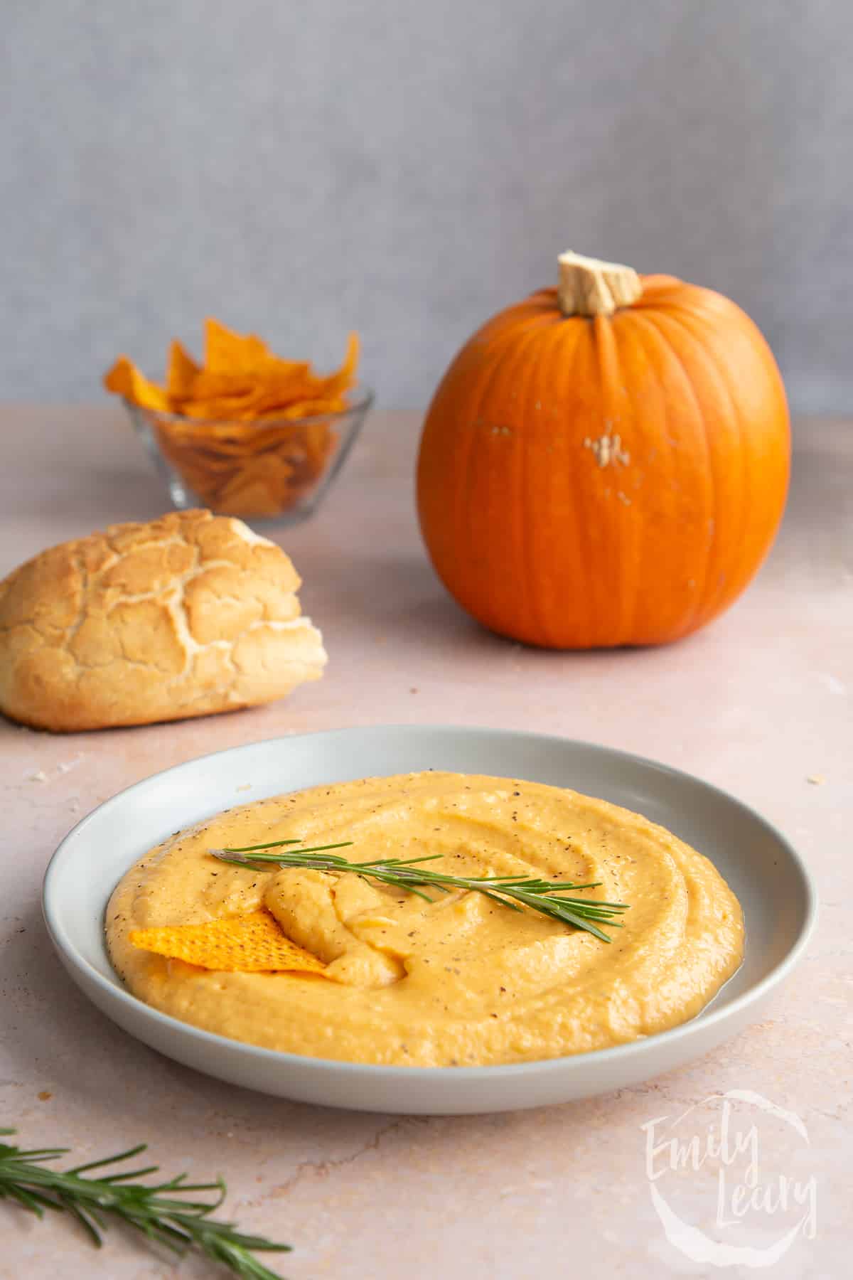 Vegan pumpkin dip in a shallow grey bowl with a sprig of rosemary. A tortilla chip is dipped into the surface.