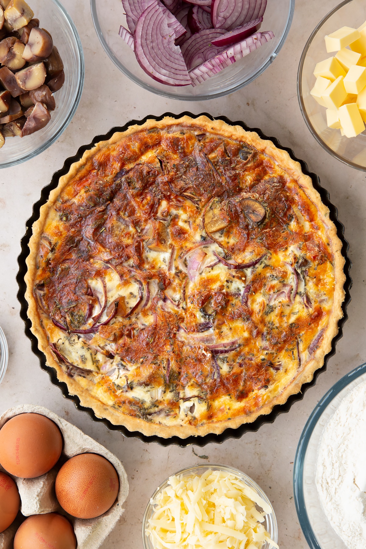 Overhead shot of the chestnut quiche having been in the oven.
