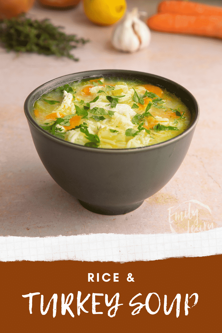 Pinterest image for the turkey rice soup with text at the bottom describing the image for Pinterest.