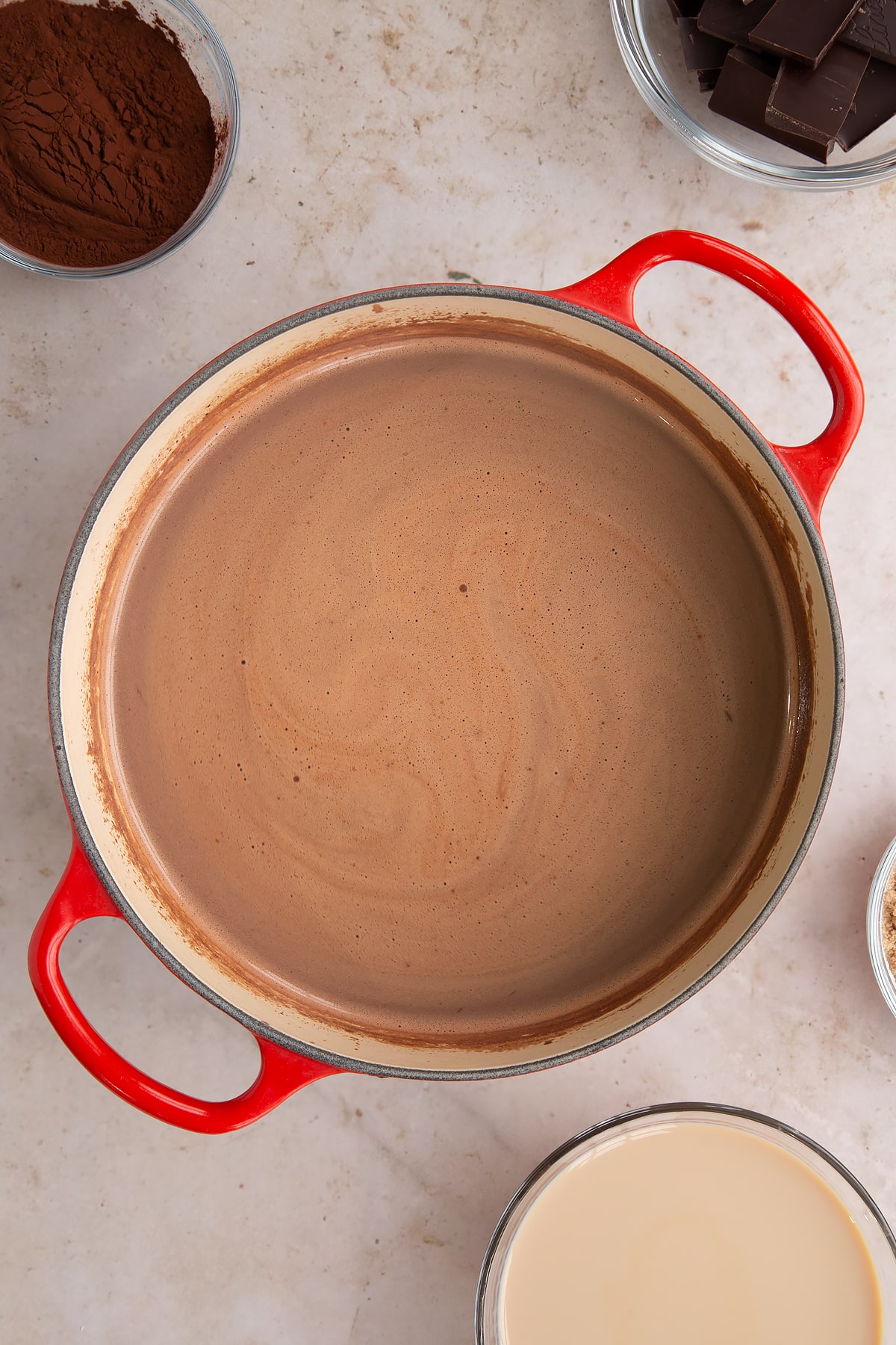 Baileys hot chocolate in a pan.