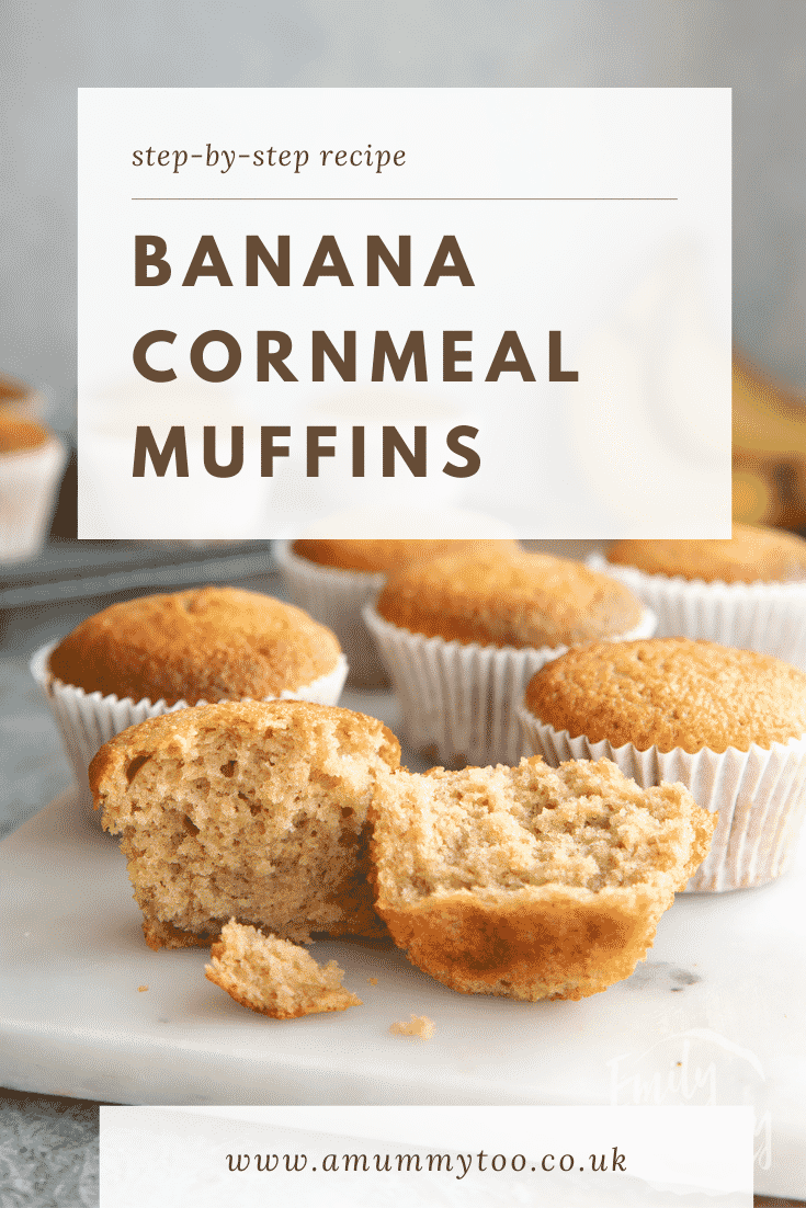 Banana cornmeal muffins on a white marble board. One has been broken open. Caption reads: Step-by-step recipe banana cornmeal muffins.