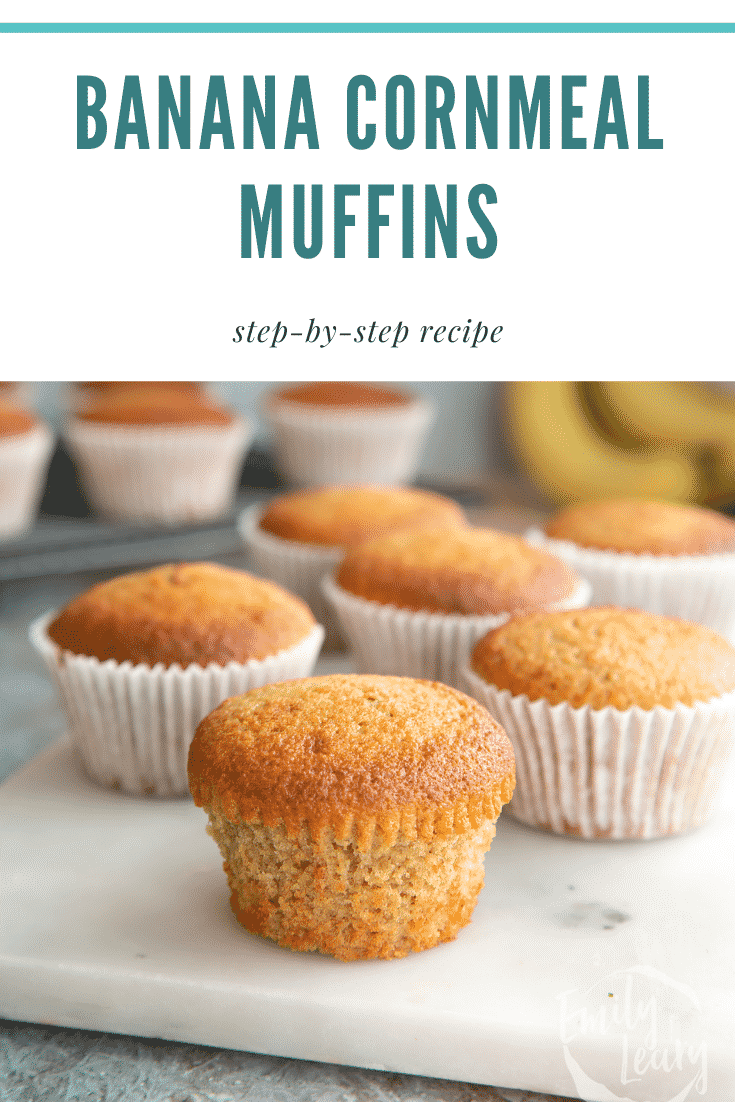 Banana cornmeal muffins on a white marble board. One is unwrapped. Caption reads: Banana cornmeal muffins. Step-by-step recipe.