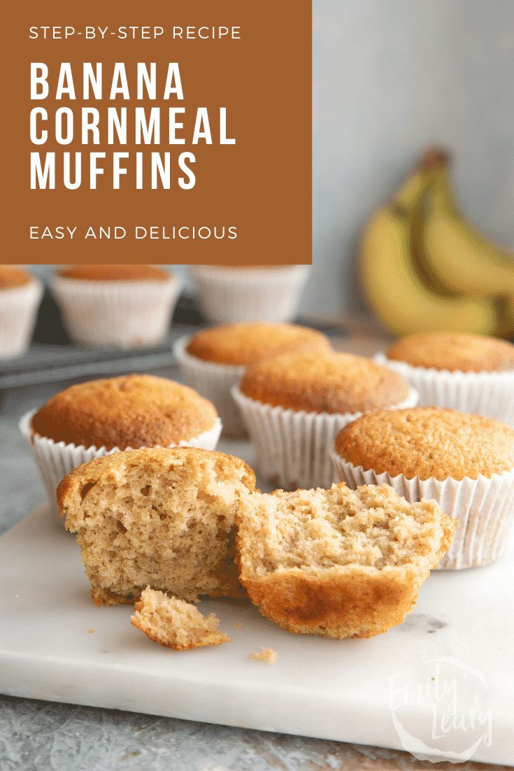 Banana cornmeal muffins on a white marble board. One has been broken open. Caption reads: Step-by-step recipe banana cornmeal muffins. Easy and delicious.