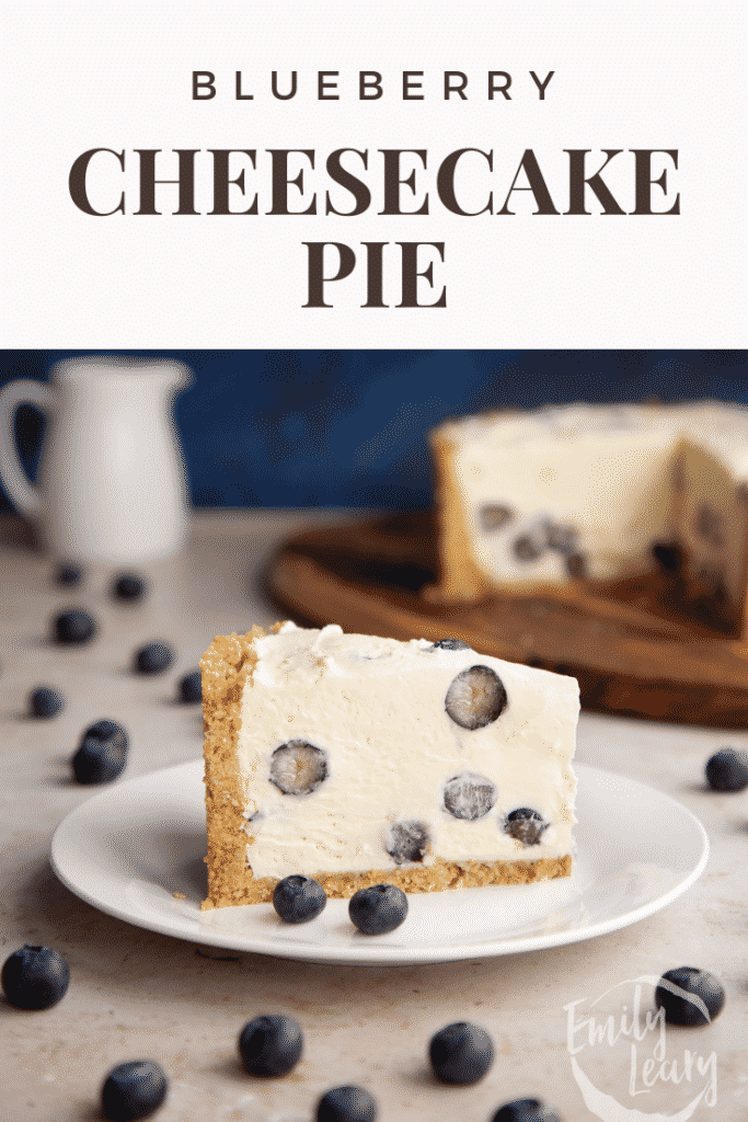 Slice of Blueberry cheesecake pie on a white plate. Caption reads: Blueberry cheesecake pie.