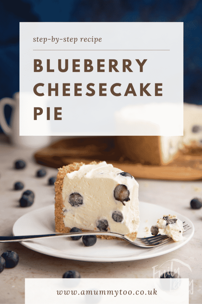 Slice of Blueberry cheesecake pie on a white plate with a fork. Caption reads: Step-by-step recipe. Blueberry cheesecake pie.
