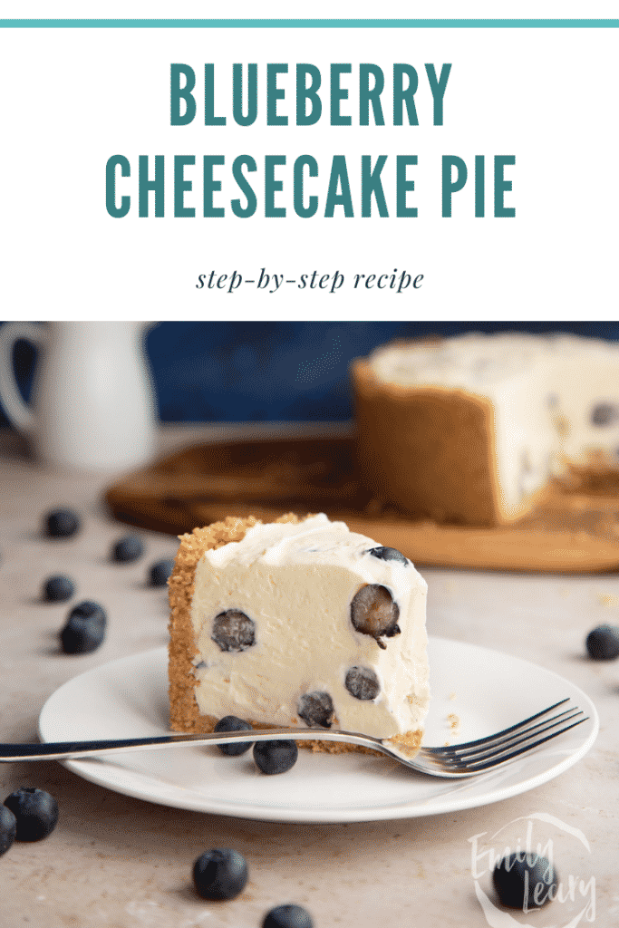 Slice of Blueberry cheesecake pie on a white plate with a fork. Caption reads: Blueberry cheesecake pie. Step-by-step recipe.