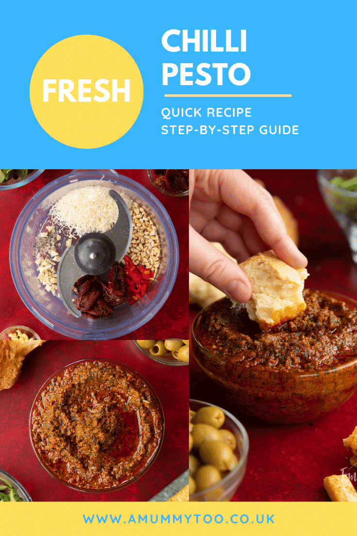 Pinterest image for the chilli pesto with text at the top describing the image for the platform.